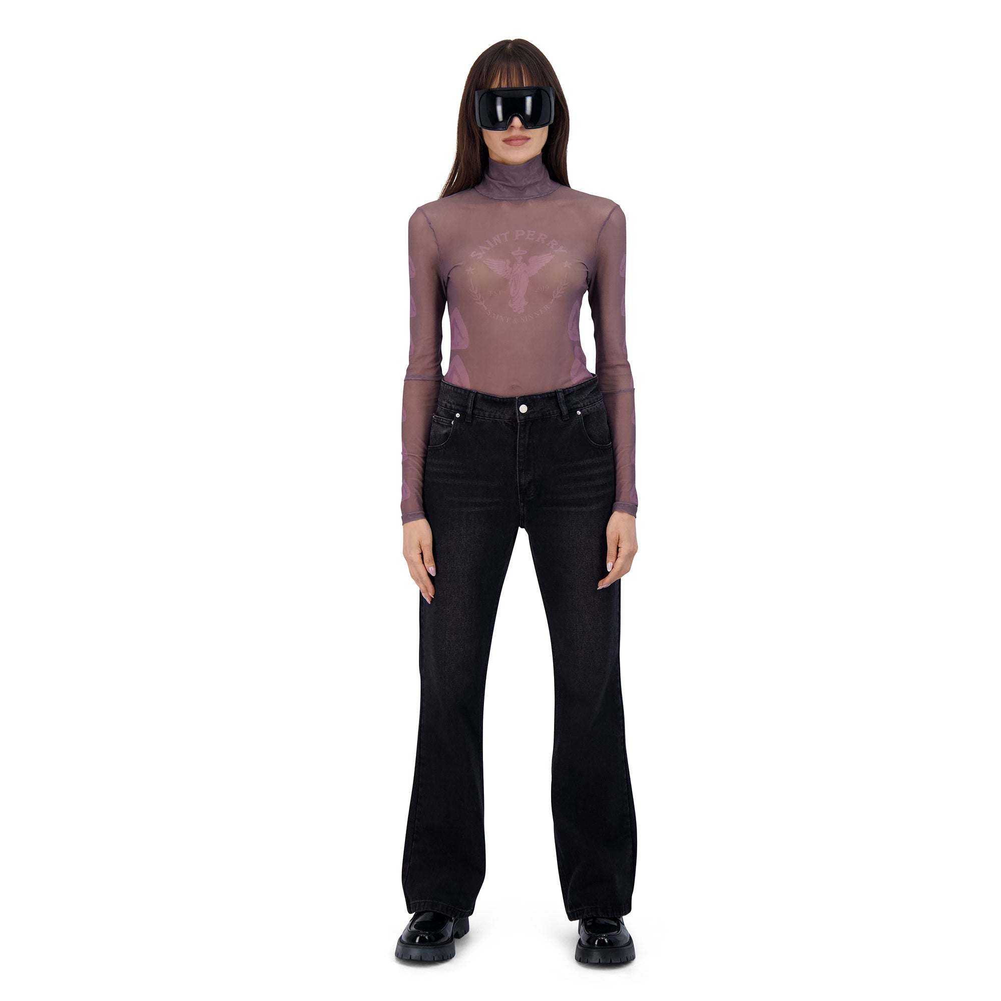 Semi-sheer Naked Angel mesh turtleneck with long sleeves and tonal stitching