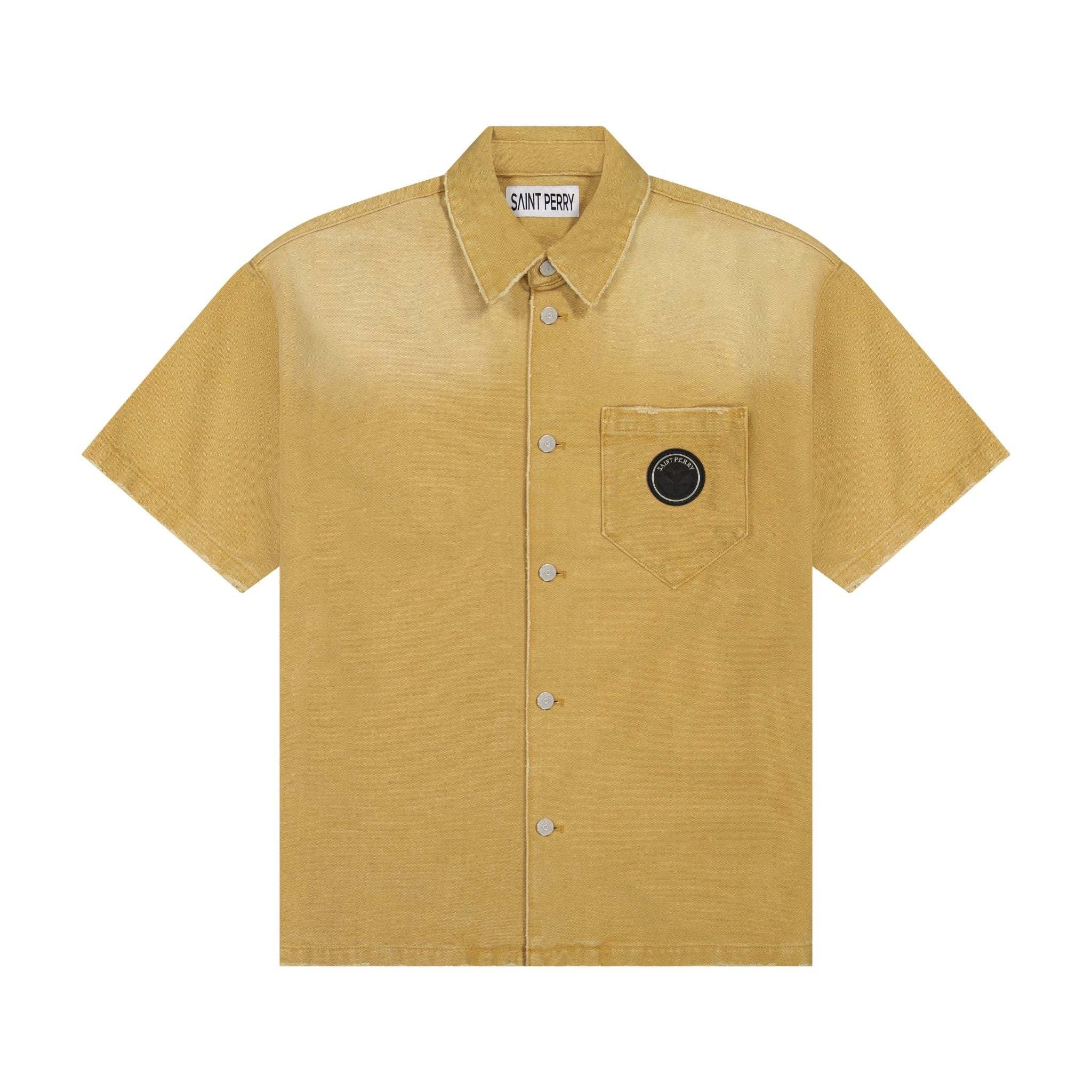 Worn Bull Denim Shirt by Saint Perry with boxy fit, short sleeves, spread collar, leather patch logo, and contrasting topstitching