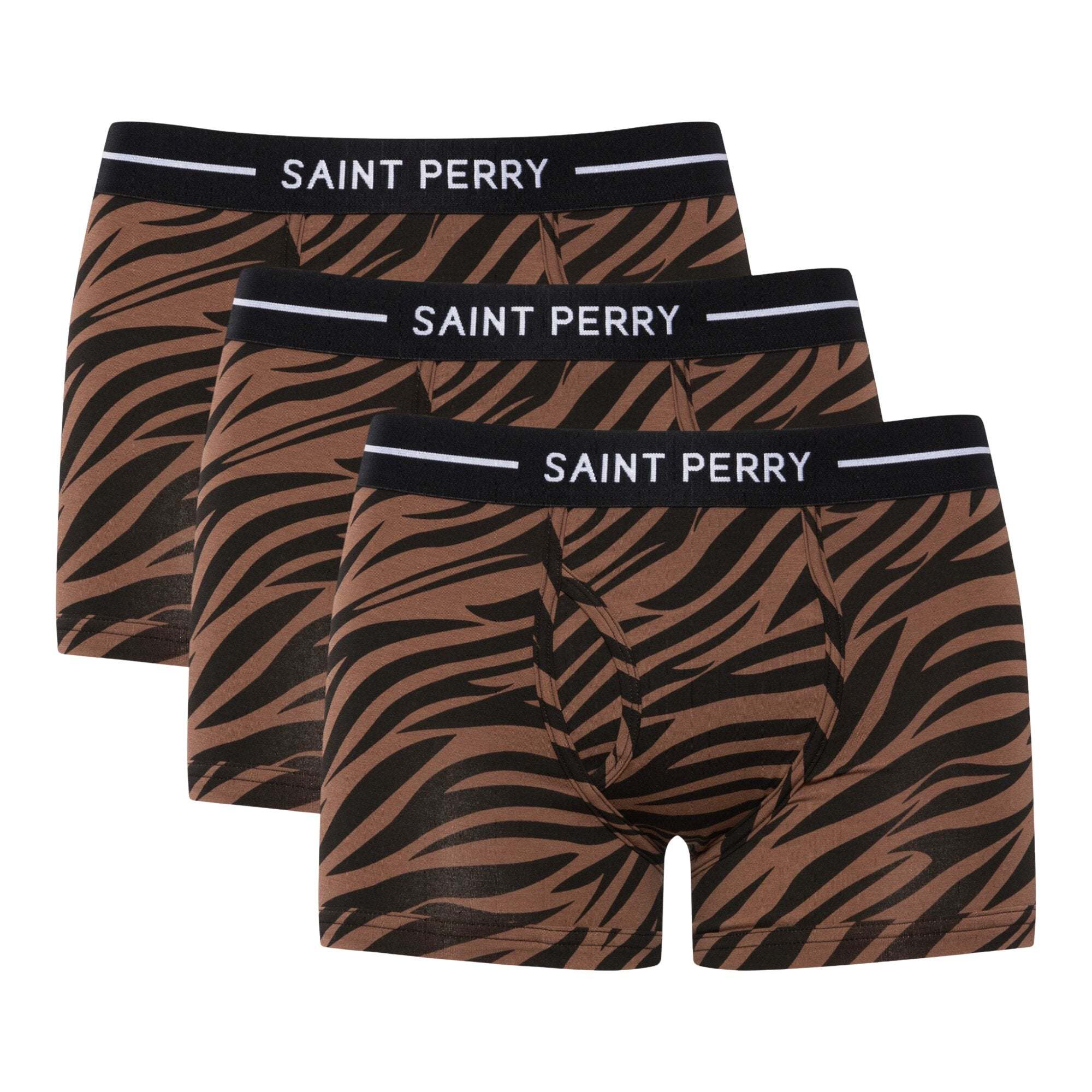 Zebra Boxer Brief 3 pack with coffee brown zebra print and black logo waistband by Saint Perry
