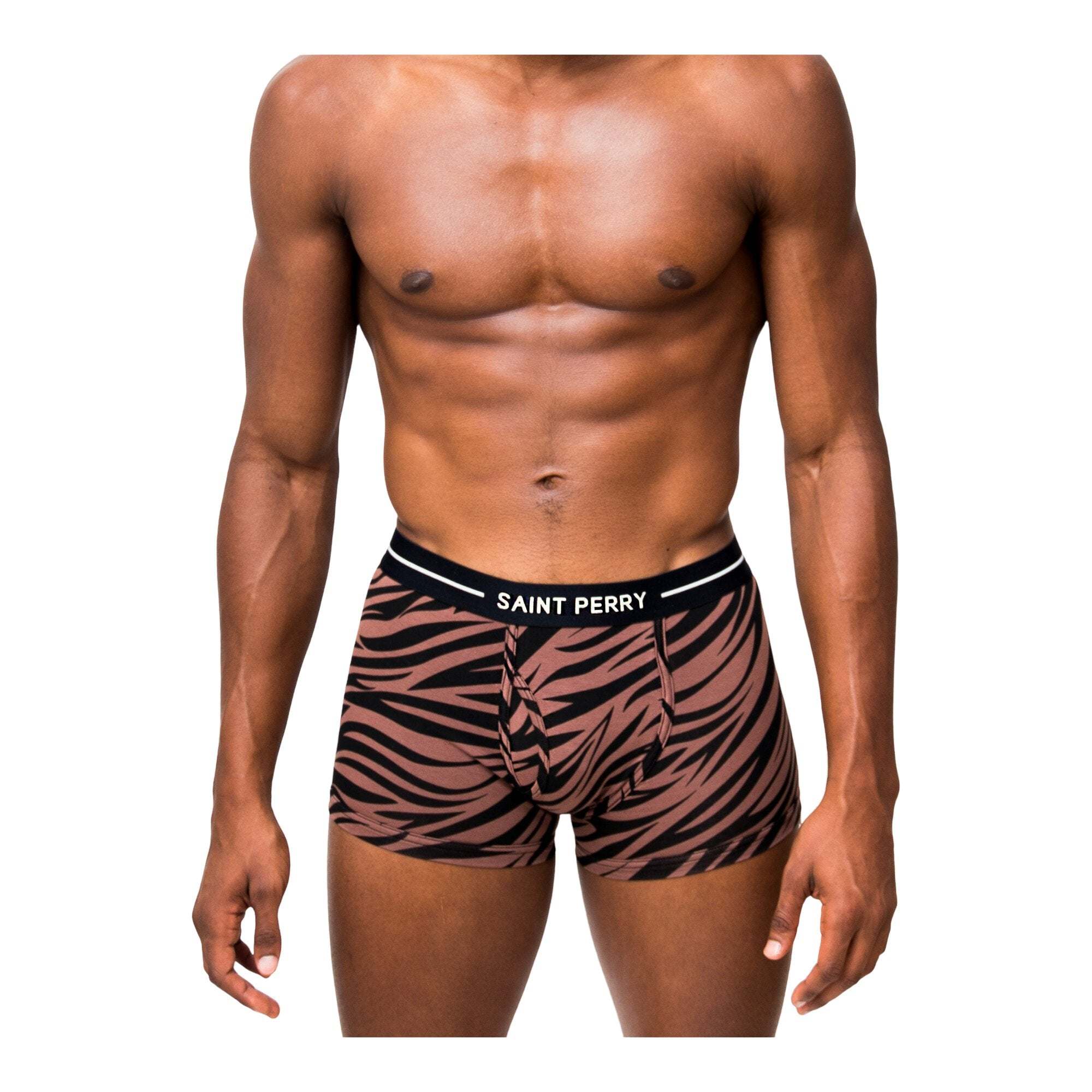 Zebra Boxer Brief 3 pack in coffee brown with zebra print and black velvet waistband by Saint Perry