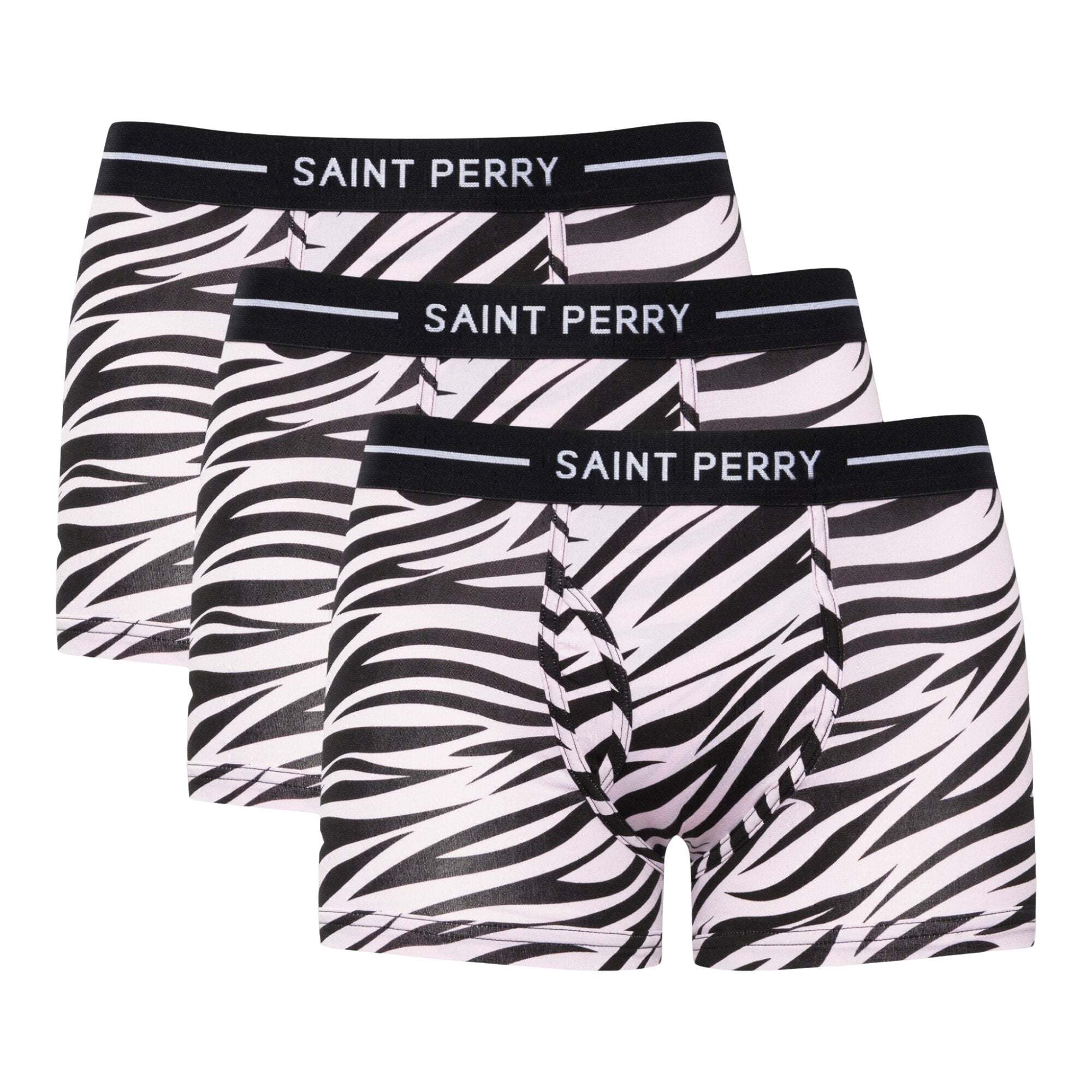 Pink zebra print zebra boxer briefs with black velvet logo waistband, 3 pack set