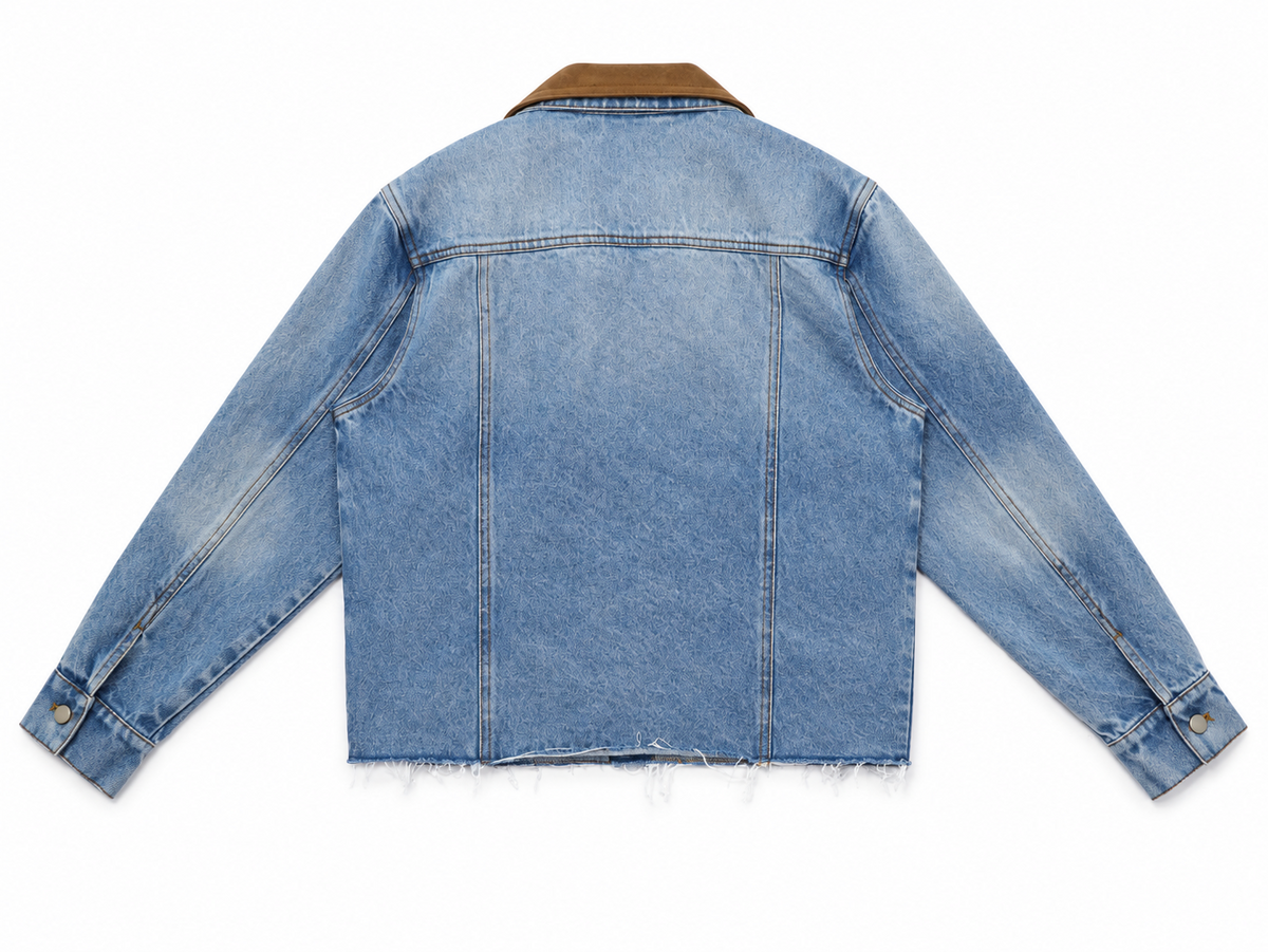 SAINT PERRY FW26 washed blue denim trucker jacket with brown contrast collar — back